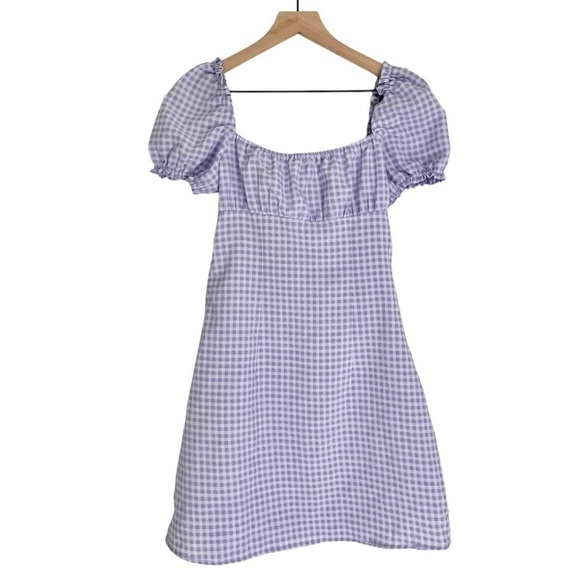 H&M Divided Gingham A Line Square Neck Ruffle Mini Dress Purple Size XS - Picture 3 of 9